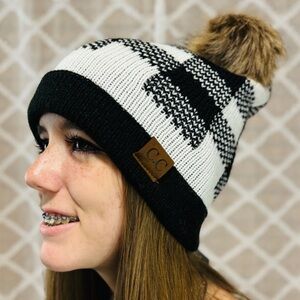 Black and White Plaid Beanie with Pom